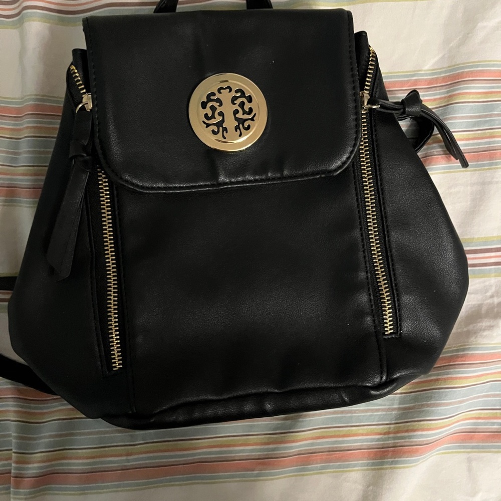 Black Leather Backpack with Gold Accents